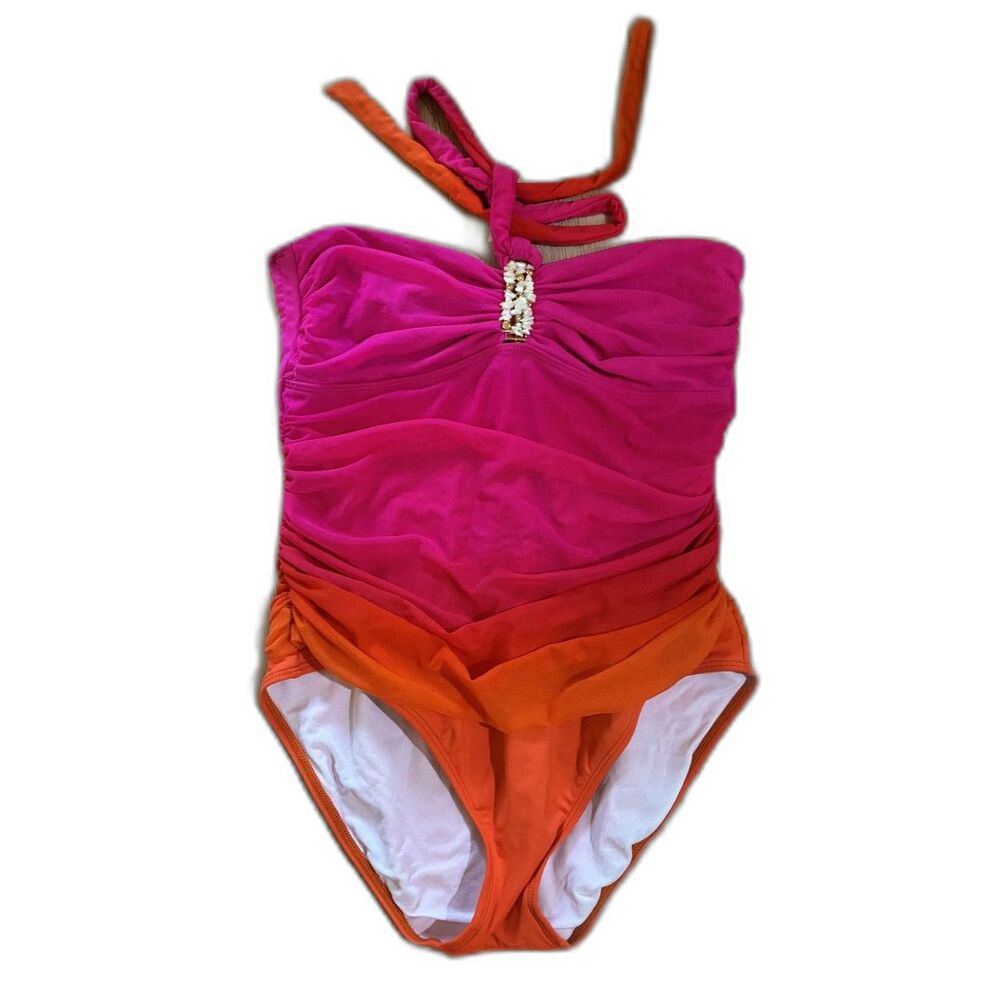 Lauren Ralph Lauren Pink-to-Orange Ombre Halter One-Piece with Rhinestone Accent
